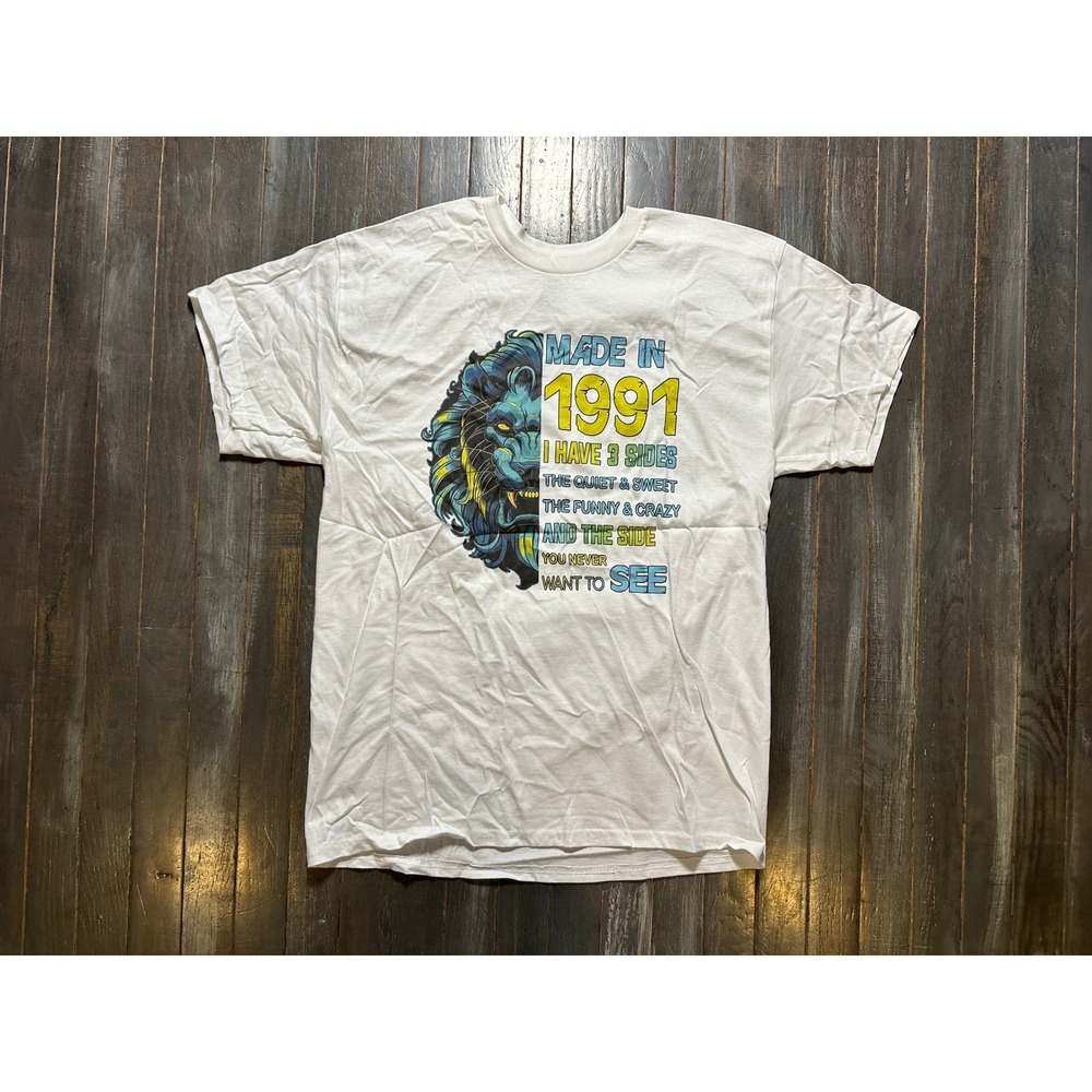 Gildan Cotton Made In 1991 Lion Graphic T-Shirt White